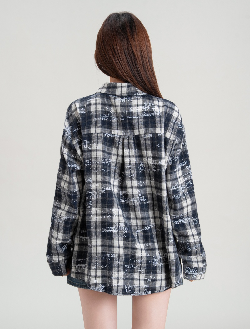 Casual graffiti long sleeve shirt plaid loose tops for women