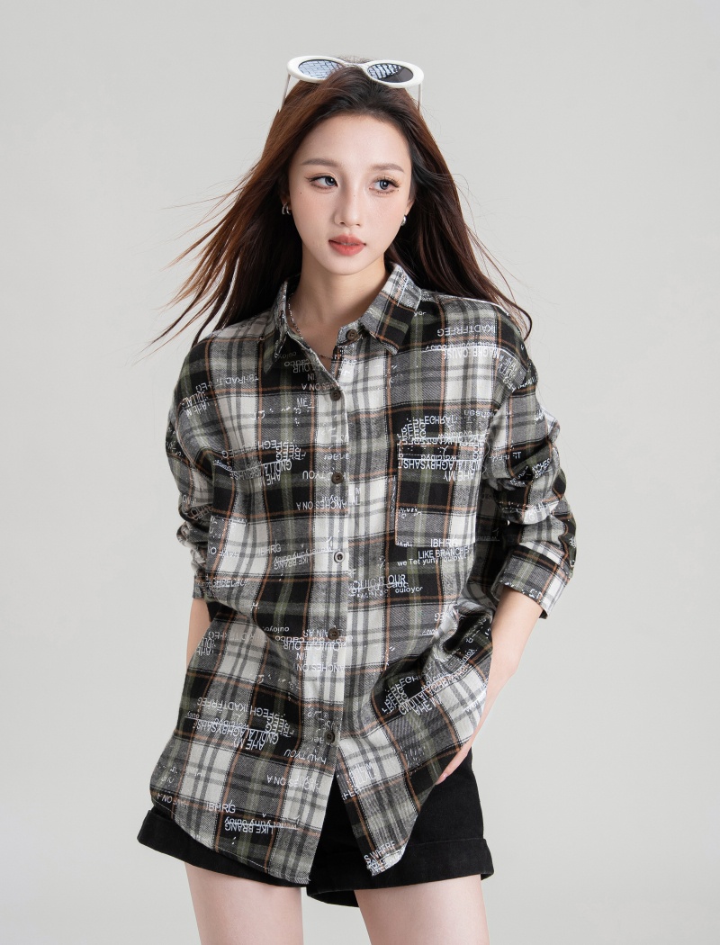 Casual graffiti long sleeve shirt plaid loose tops for women