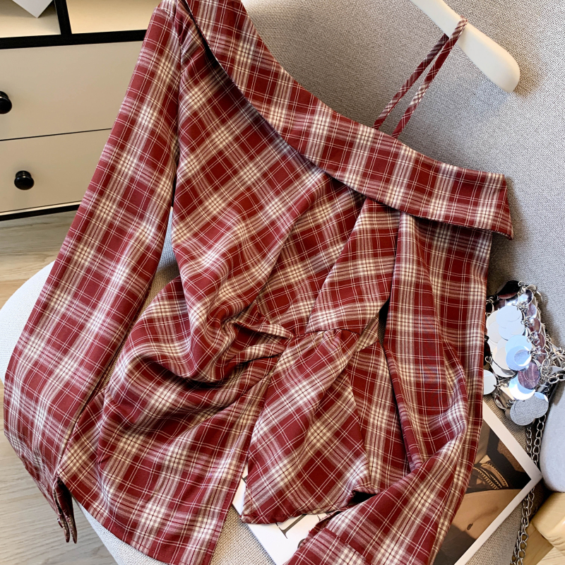 Plaid pinched waist shirt slim sloping shoulder tops