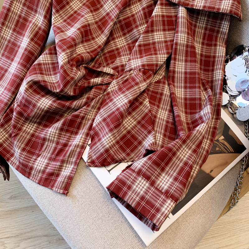Plaid pinched waist shirt slim sloping shoulder tops