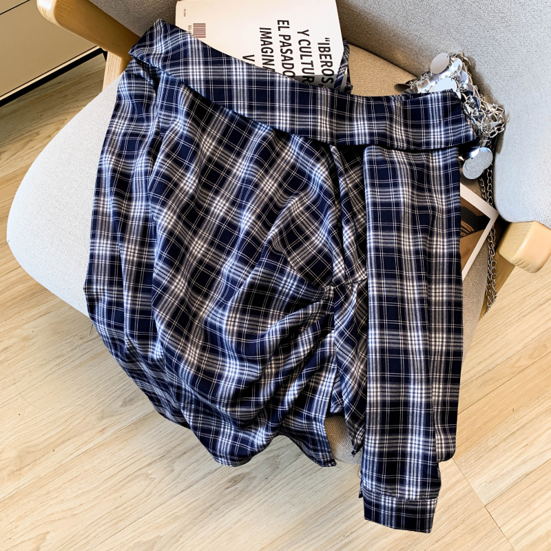 Plaid pinched waist shirt slim sloping shoulder tops
