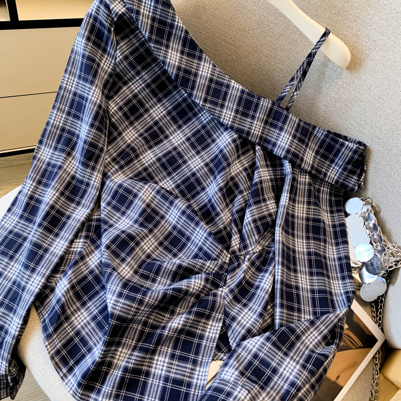 Plaid pinched waist shirt slim sloping shoulder tops