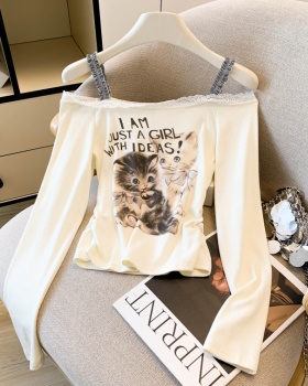 Kitten Western style slim T-shirt flat shoulder printing tops