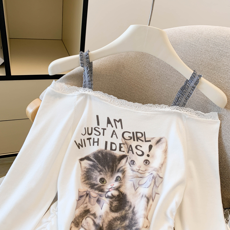 Kitten Western style slim T-shirt flat shoulder printing tops