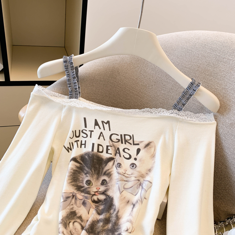Kitten Western style slim T-shirt flat shoulder printing tops