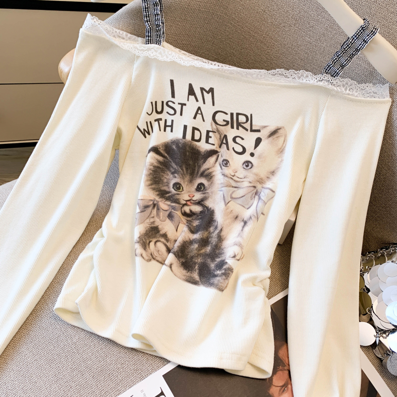 Kitten Western style slim T-shirt flat shoulder printing tops