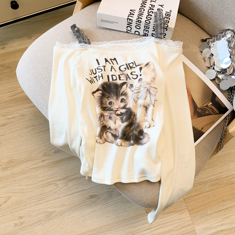 Kitten Western style slim T-shirt flat shoulder printing tops