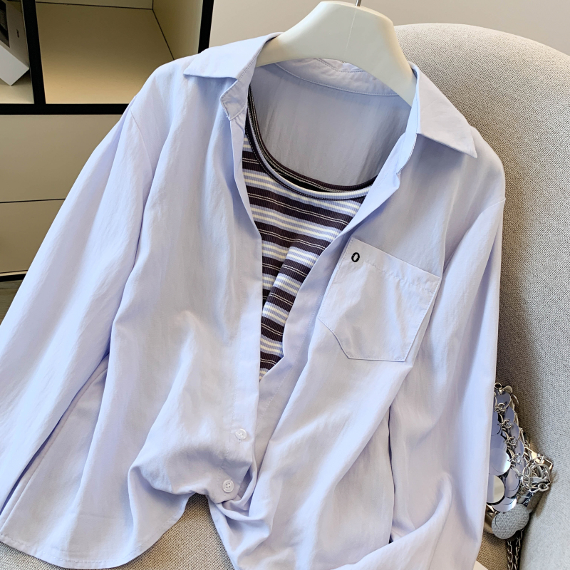 Niche Western style Pseudo-two tops stripe splice vest