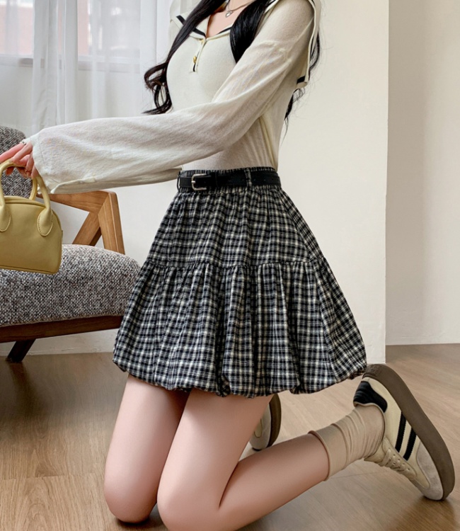 Fold plaid skirt with belt short skirt for women