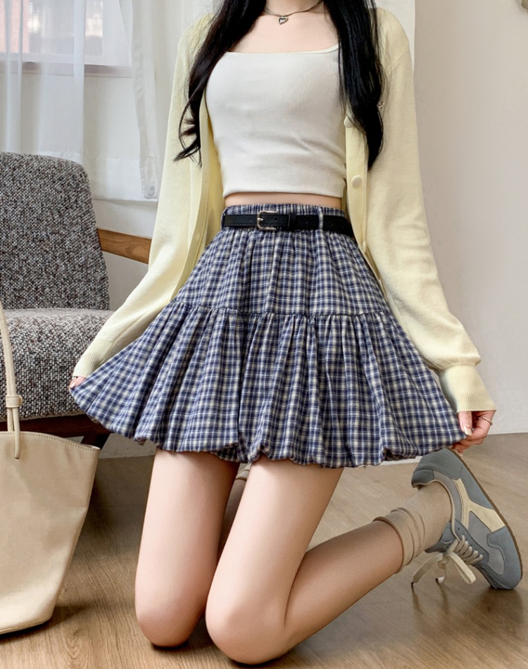 Fold plaid skirt with belt short skirt for women