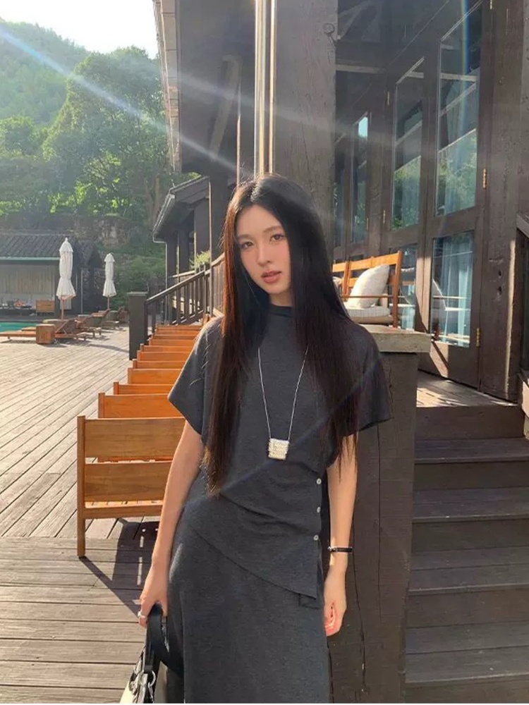 Slim high waist all-match skirt lazy simple tops a set