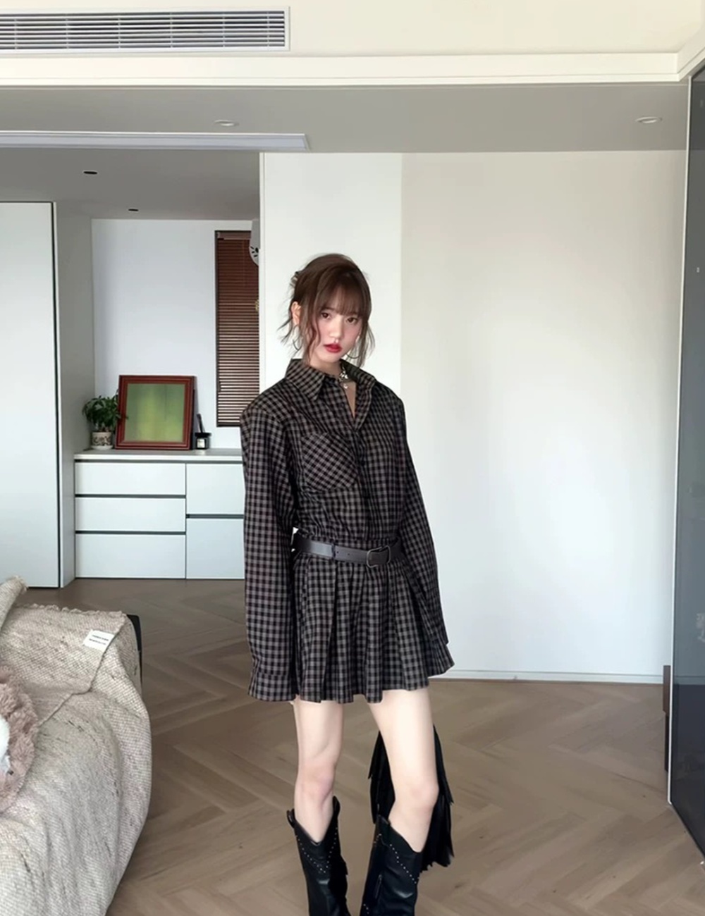 Pinched waist plaid shirt slim retro shorts a set