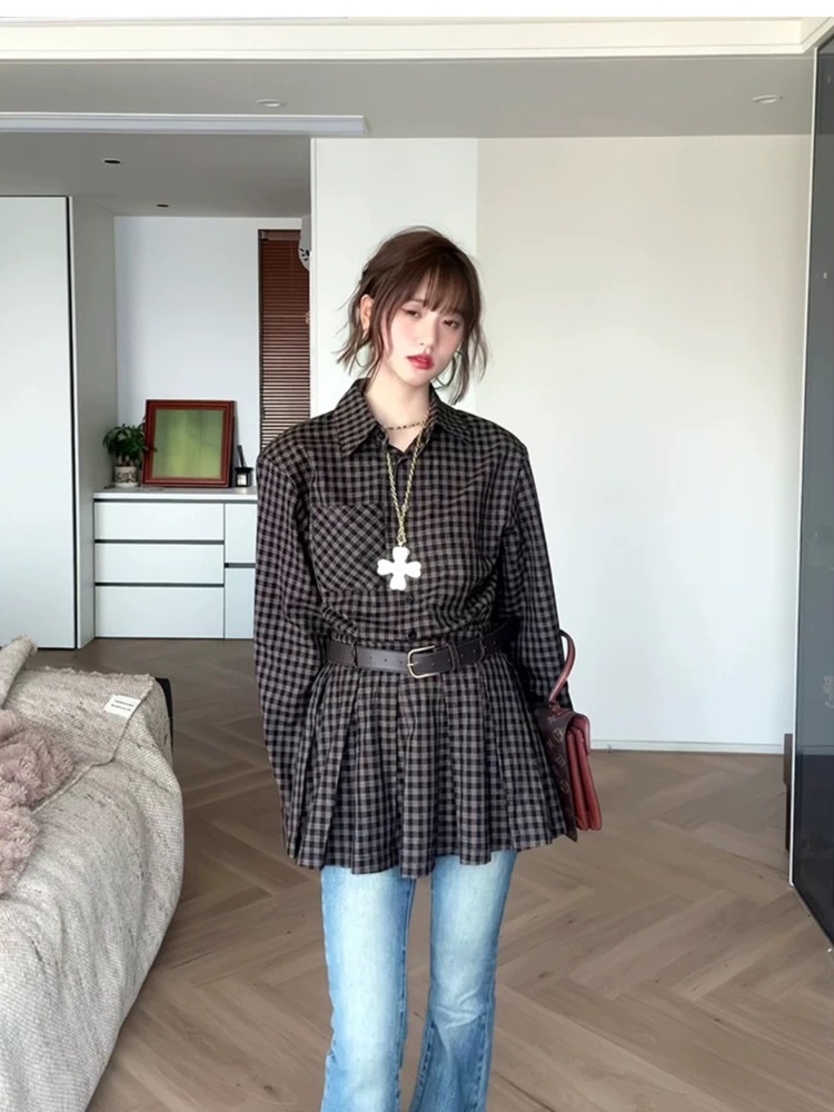 Pinched waist plaid shirt slim retro shorts a set