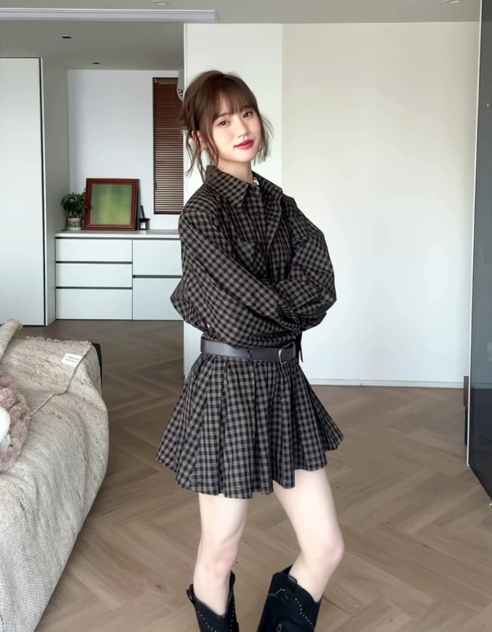 Pinched waist plaid shirt slim retro shorts a set