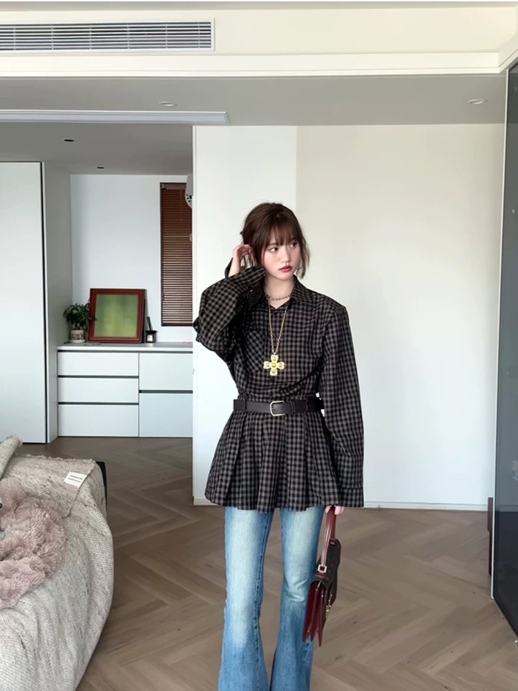 Pinched waist plaid shirt slim retro shorts a set