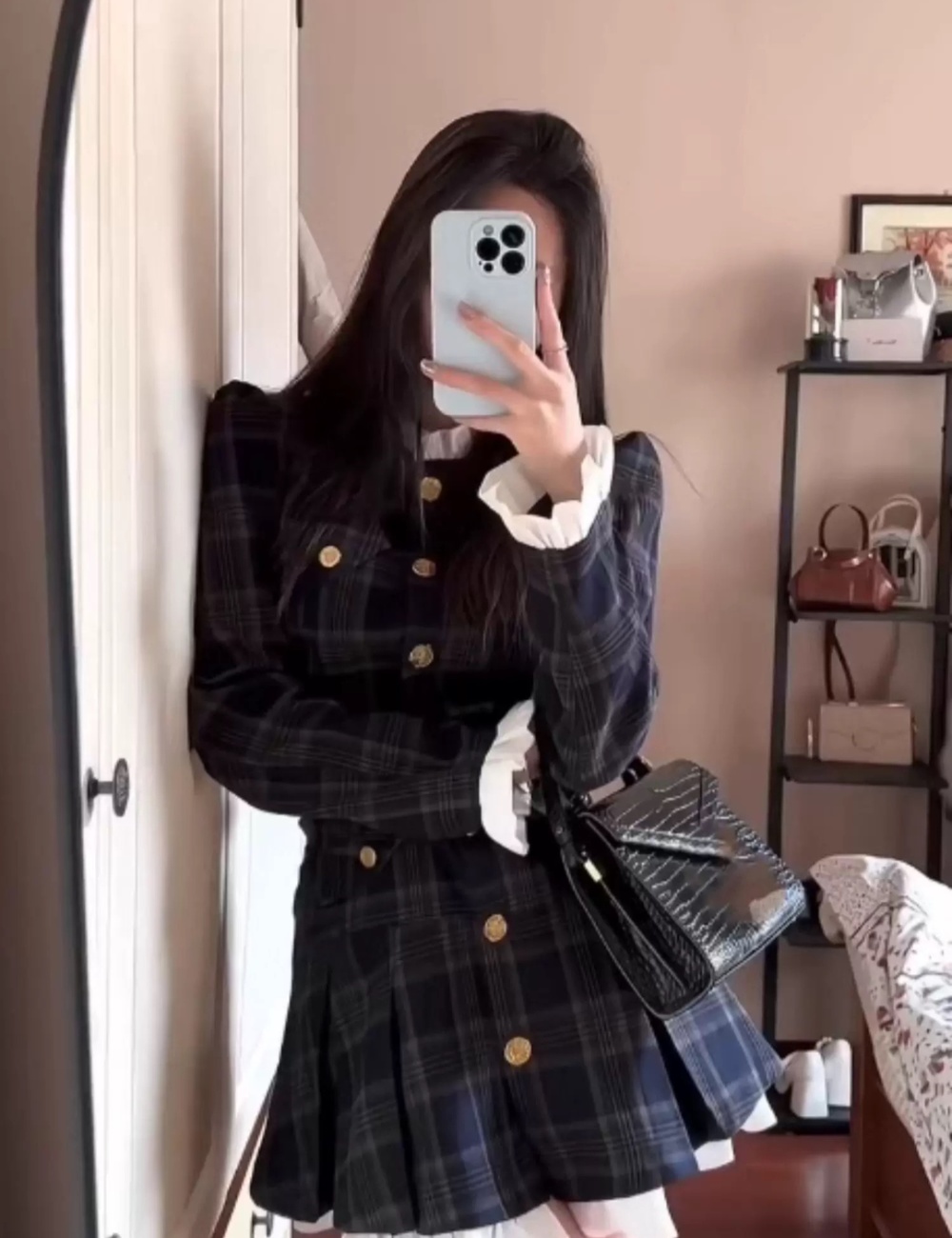 Korean style slim dress plaid pleated T-back
