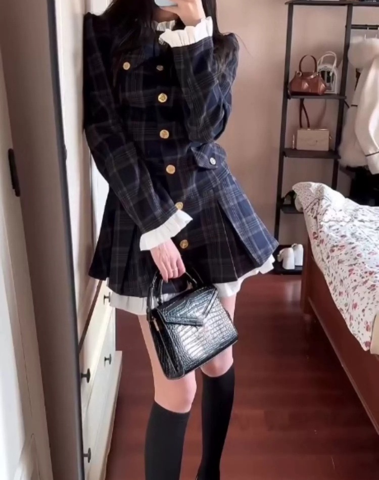 Korean style slim dress plaid pleated T-back