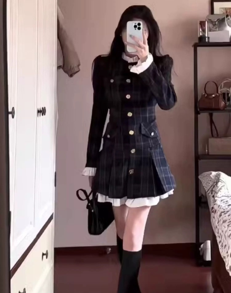 Korean style slim dress plaid pleated T-back