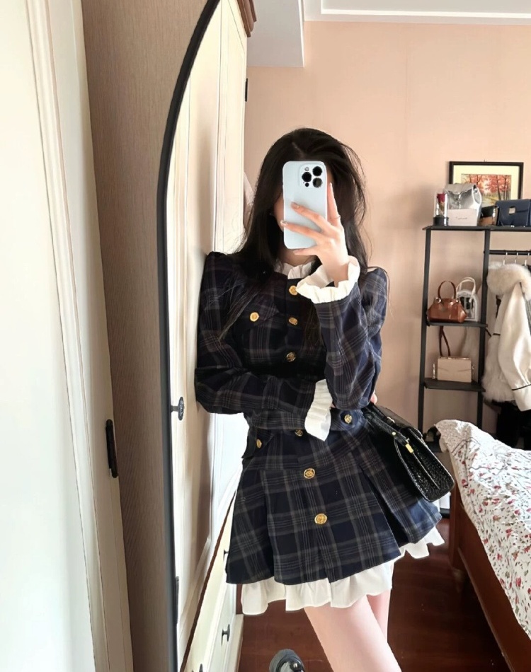 Korean style slim dress plaid pleated T-back