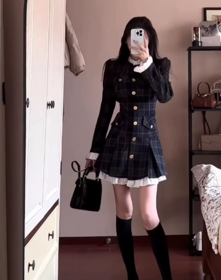 Korean style slim dress plaid pleated T-back