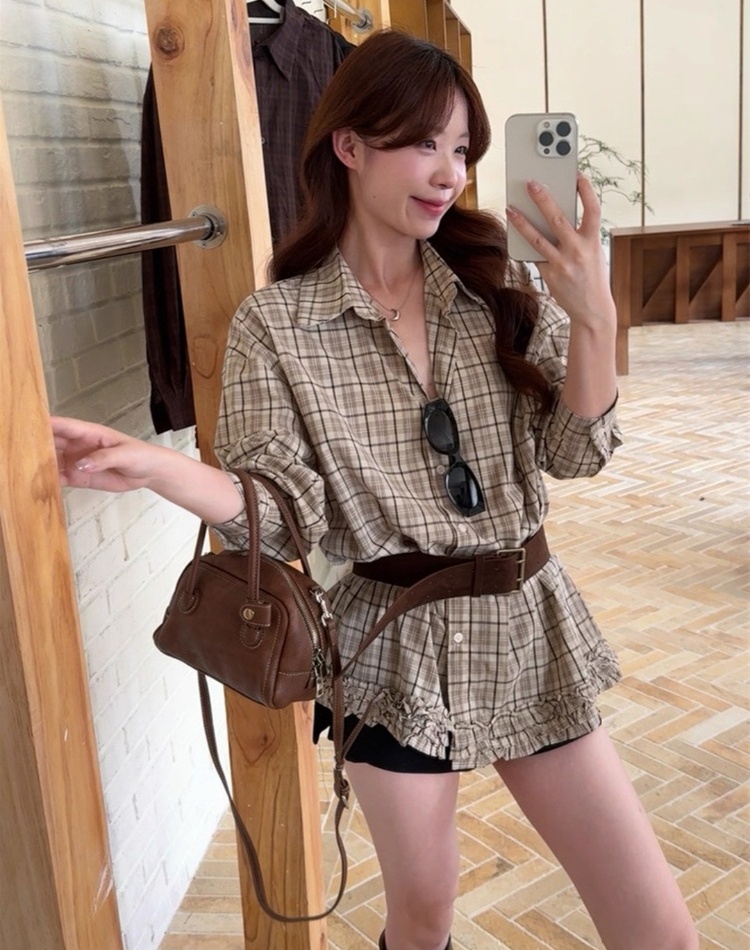 Wood ear retro pinched waist shirt all-match loose tops