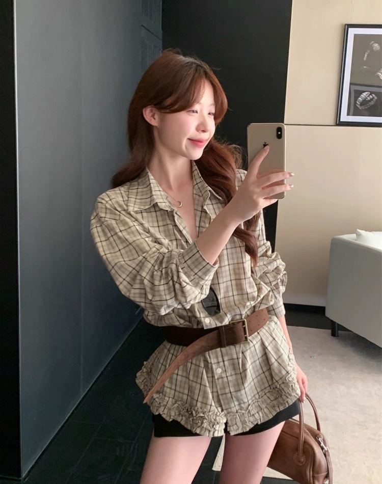 Wood ear retro pinched waist shirt all-match loose tops