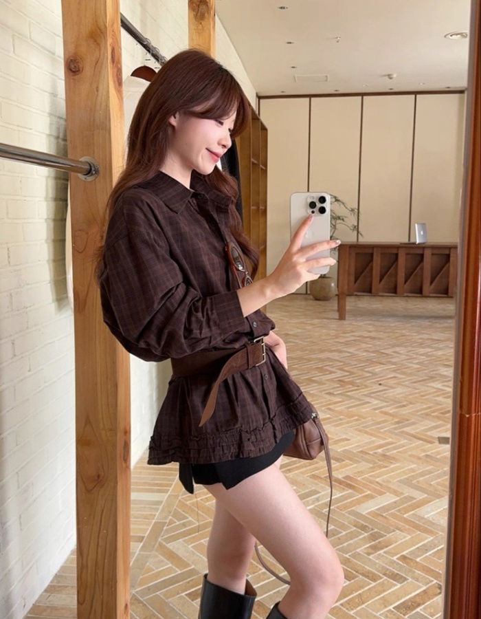 Wood ear retro pinched waist shirt all-match loose tops