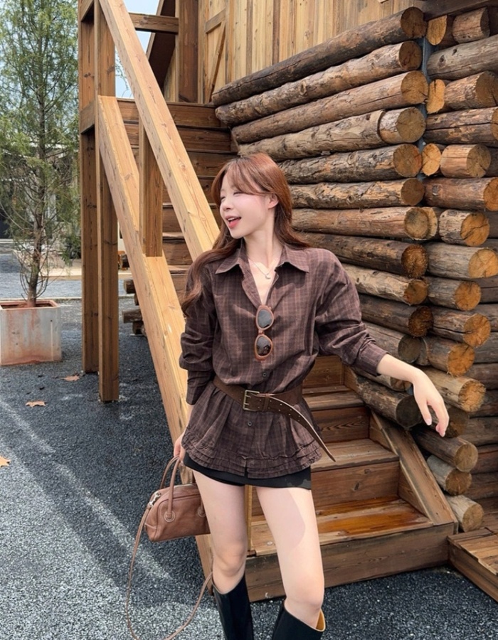 Wood ear retro pinched waist shirt all-match loose tops