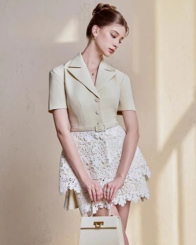 Splice lace tops niche lapel short skirt 2pcs set