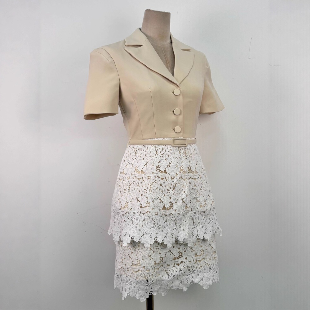 Splice lace tops niche lapel short skirt 2pcs set