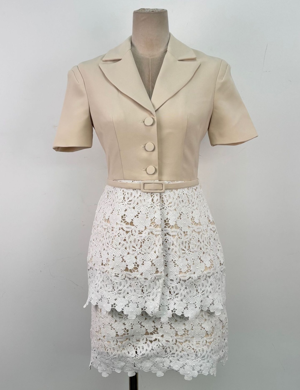 Splice lace tops niche lapel short skirt 2pcs set