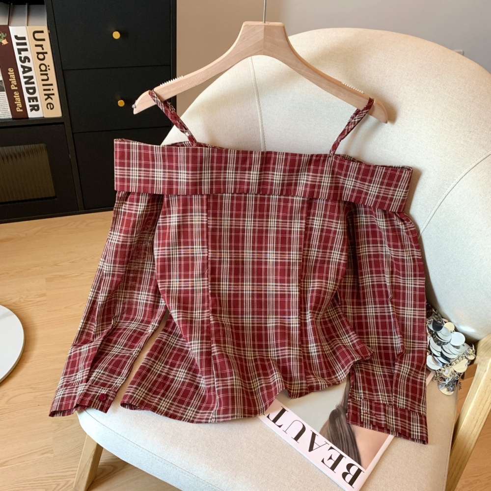 Sling plaid shirt autumn flat shoulder tops