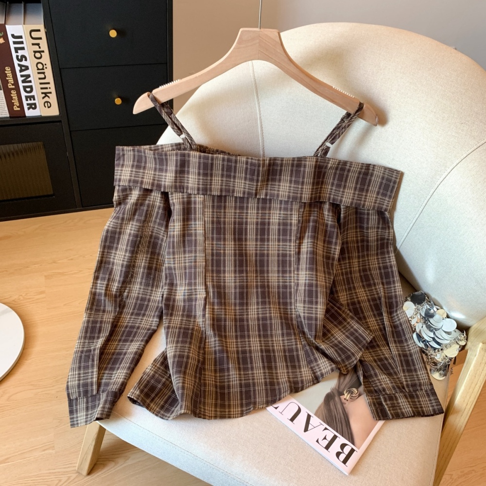 Sling plaid shirt autumn flat shoulder tops
