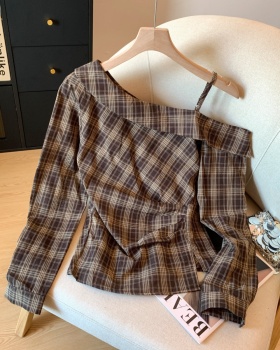 Plaid gradient sloping shoulder shirt autumn fold tops