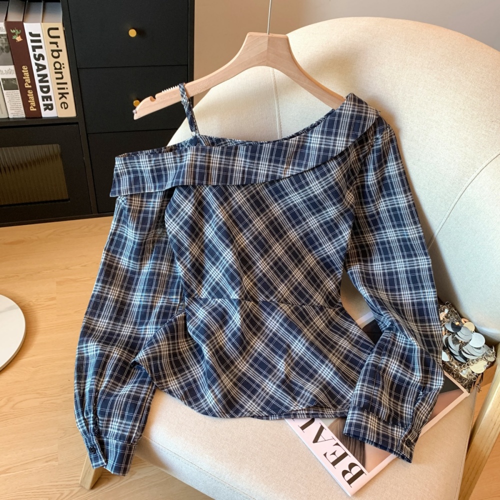 Plaid gradient sloping shoulder shirt autumn fold tops