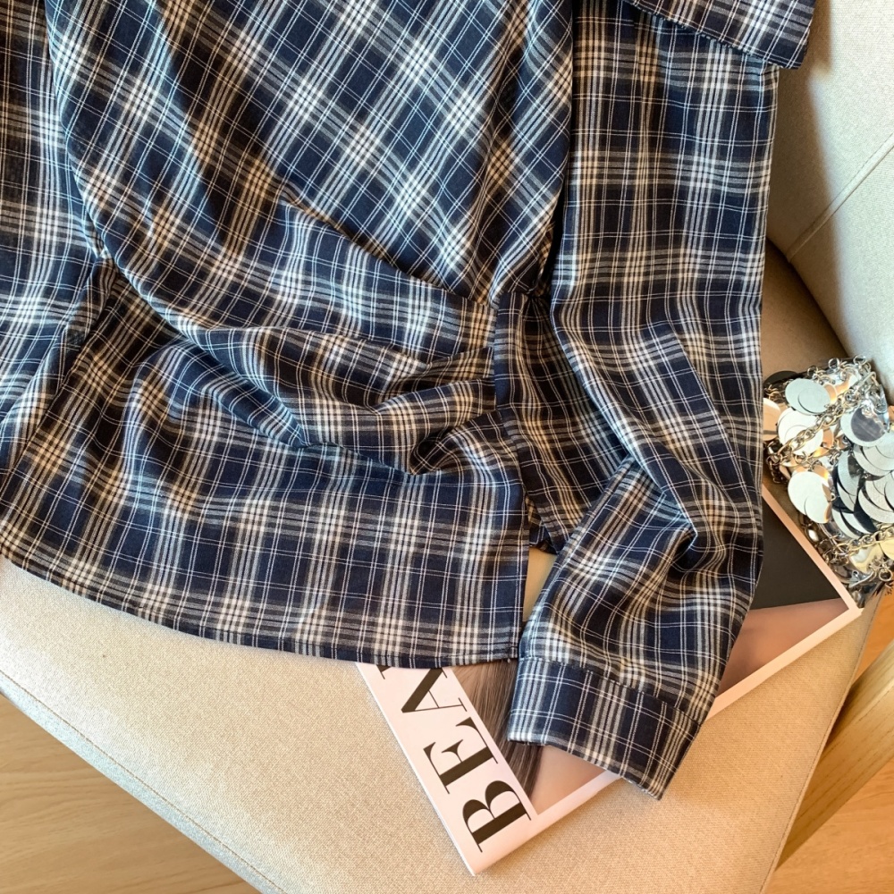 Plaid gradient sloping shoulder shirt autumn fold tops