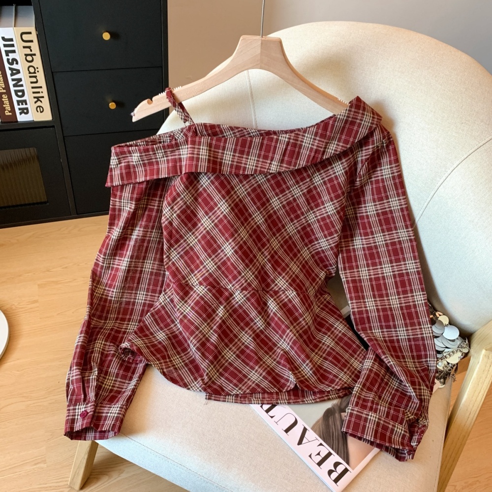 Plaid gradient sloping shoulder shirt autumn fold tops