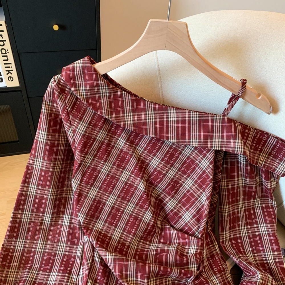 Plaid gradient sloping shoulder shirt autumn fold tops
