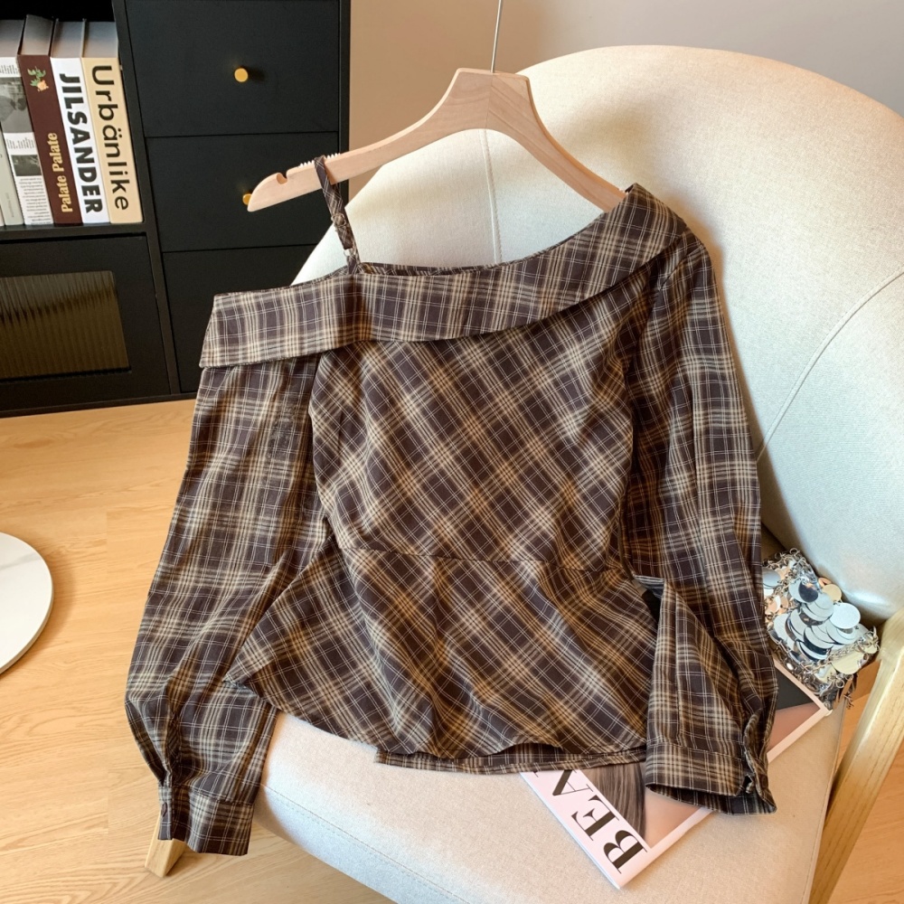 Plaid gradient sloping shoulder shirt autumn fold tops