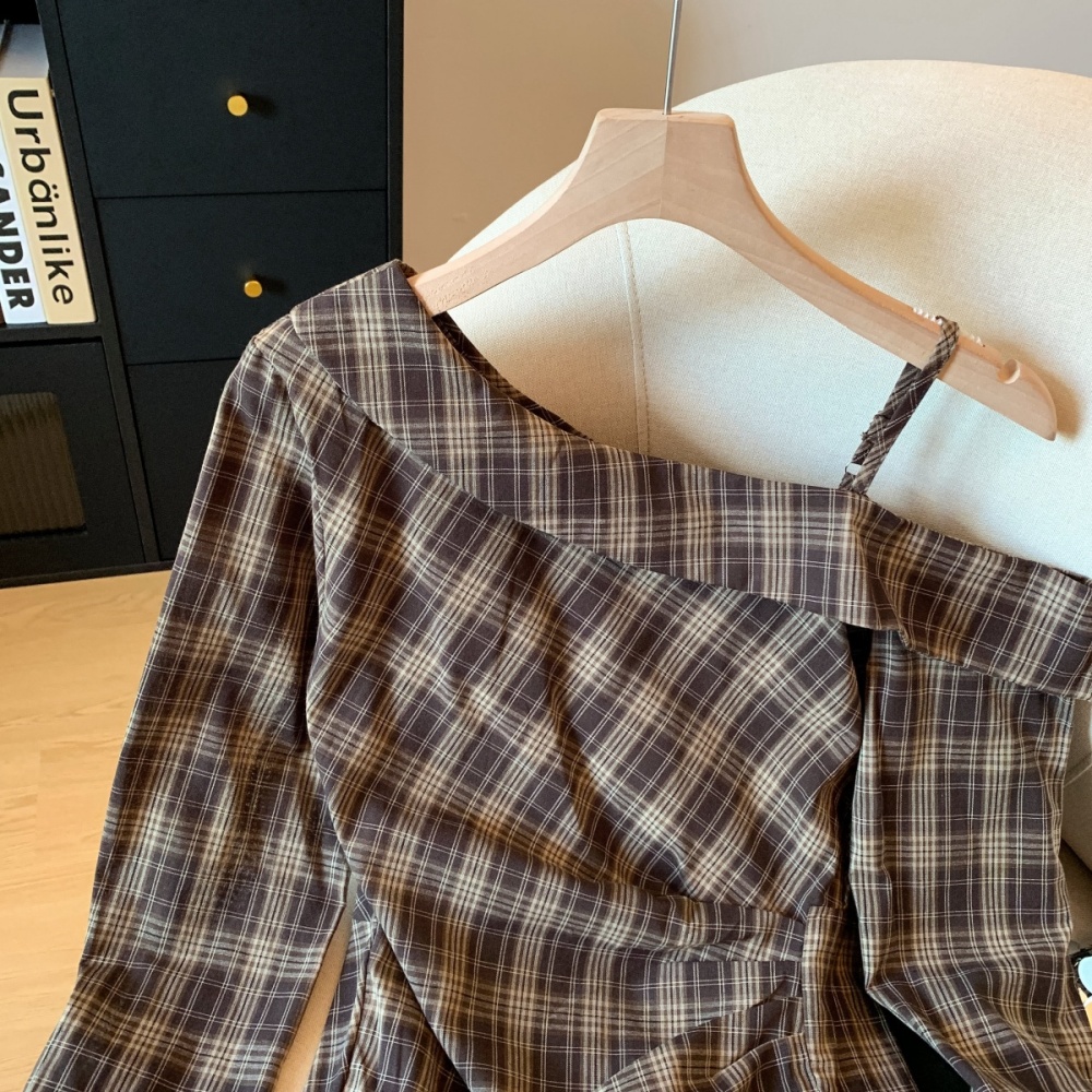 Plaid gradient sloping shoulder shirt autumn fold tops