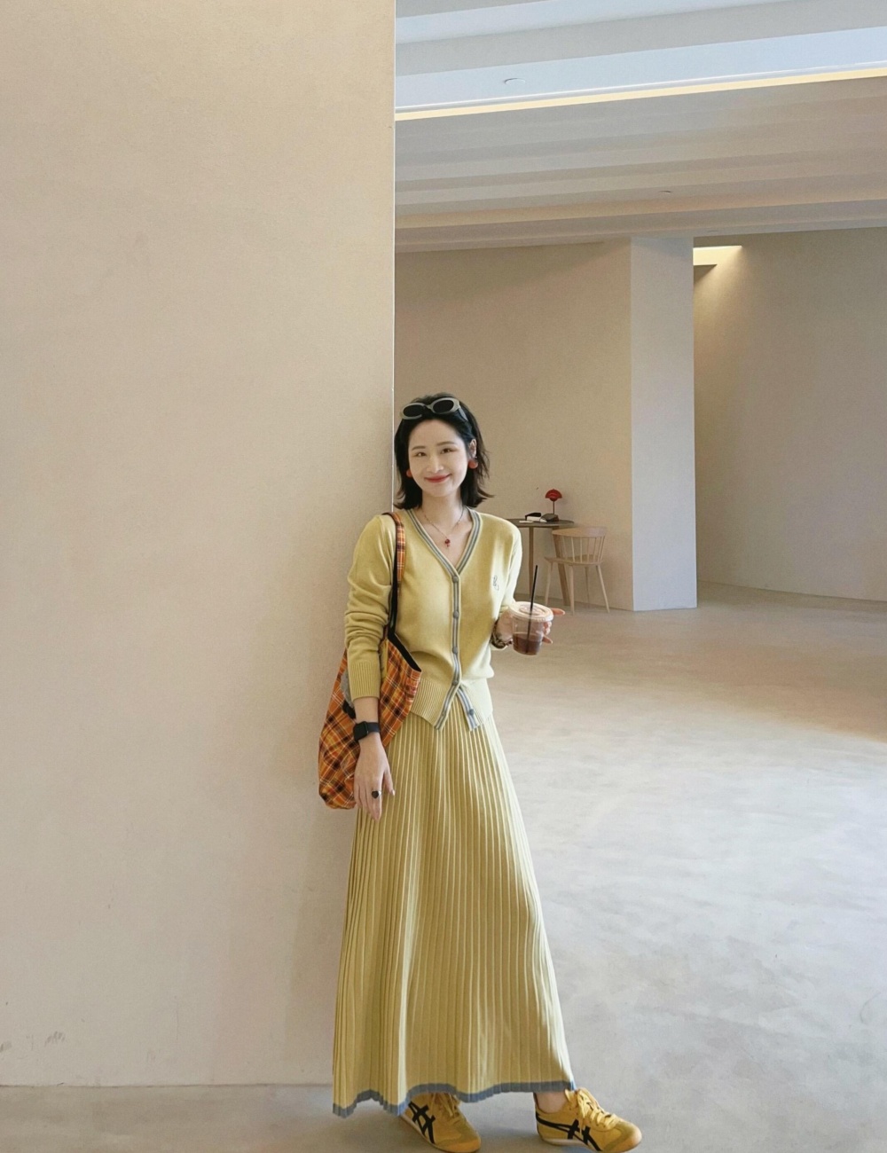 Knitted yellow skirt autumn tops 2pcs set
