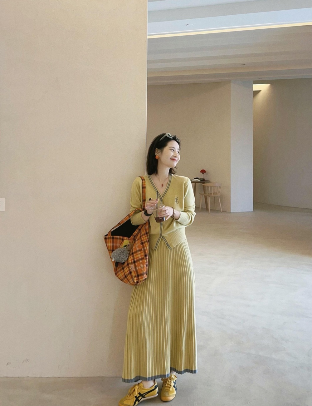 Knitted yellow skirt autumn tops 2pcs set