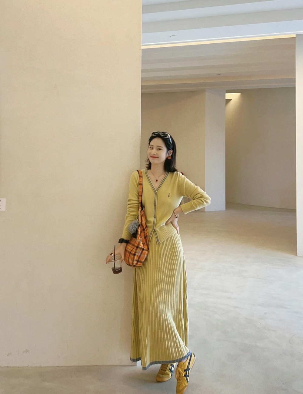Knitted yellow skirt autumn tops 2pcs set