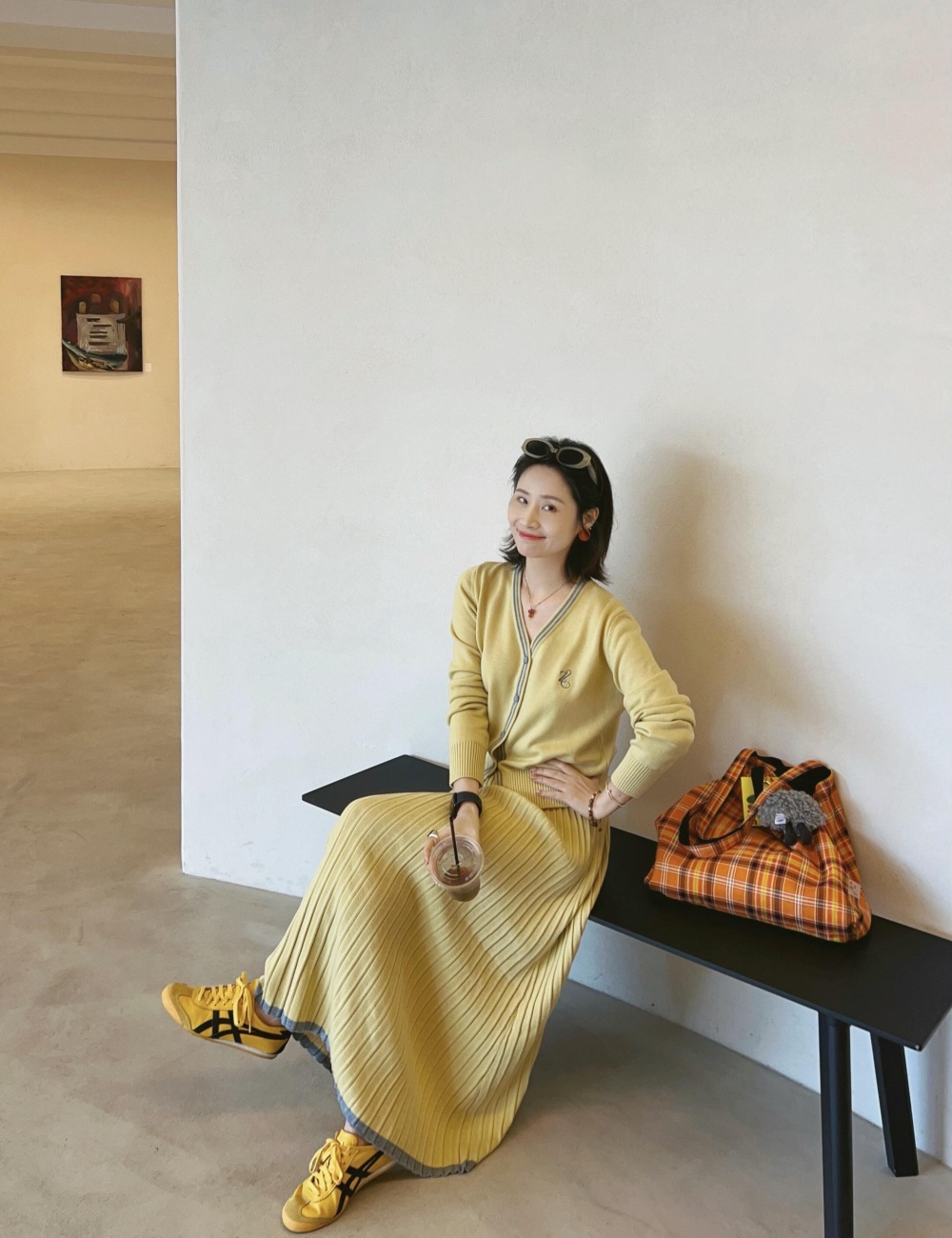 Knitted yellow skirt autumn tops 2pcs set