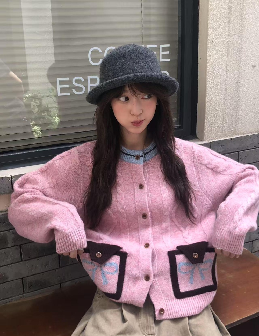 Mixed colors bow cardigan Korean style autumn coat for women