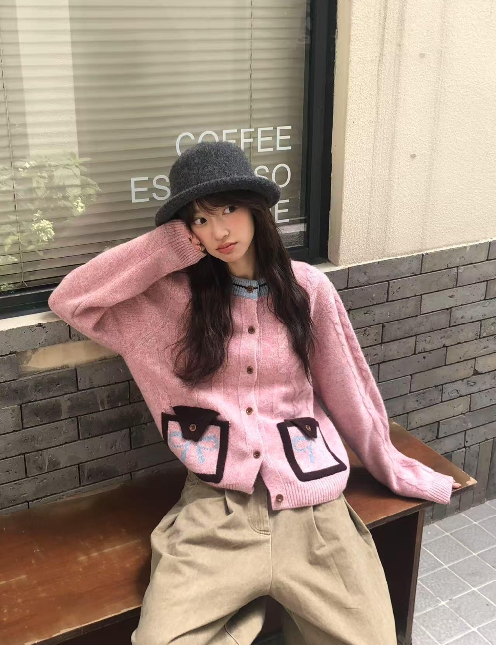 Mixed colors bow cardigan Korean style autumn coat for women