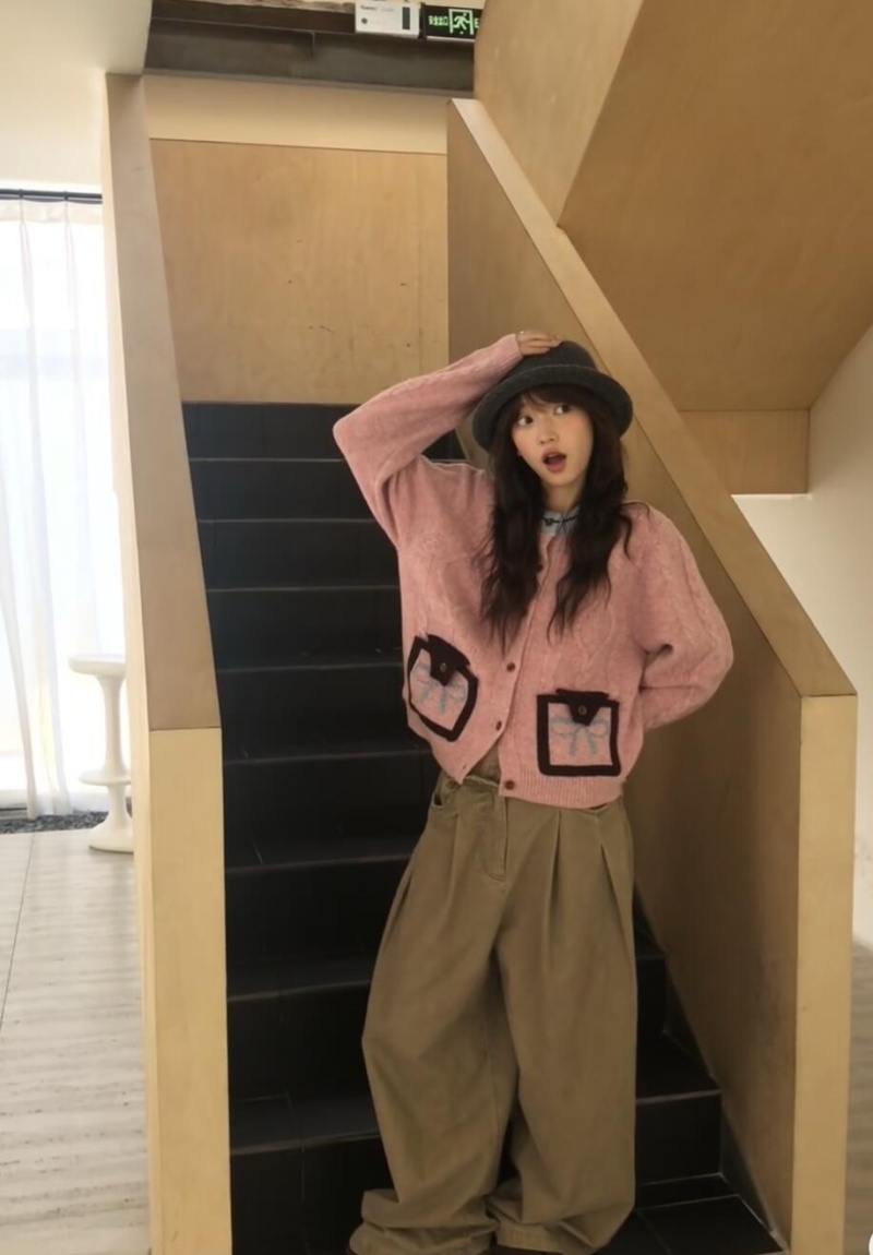 Mixed colors bow cardigan Korean style autumn coat for women
