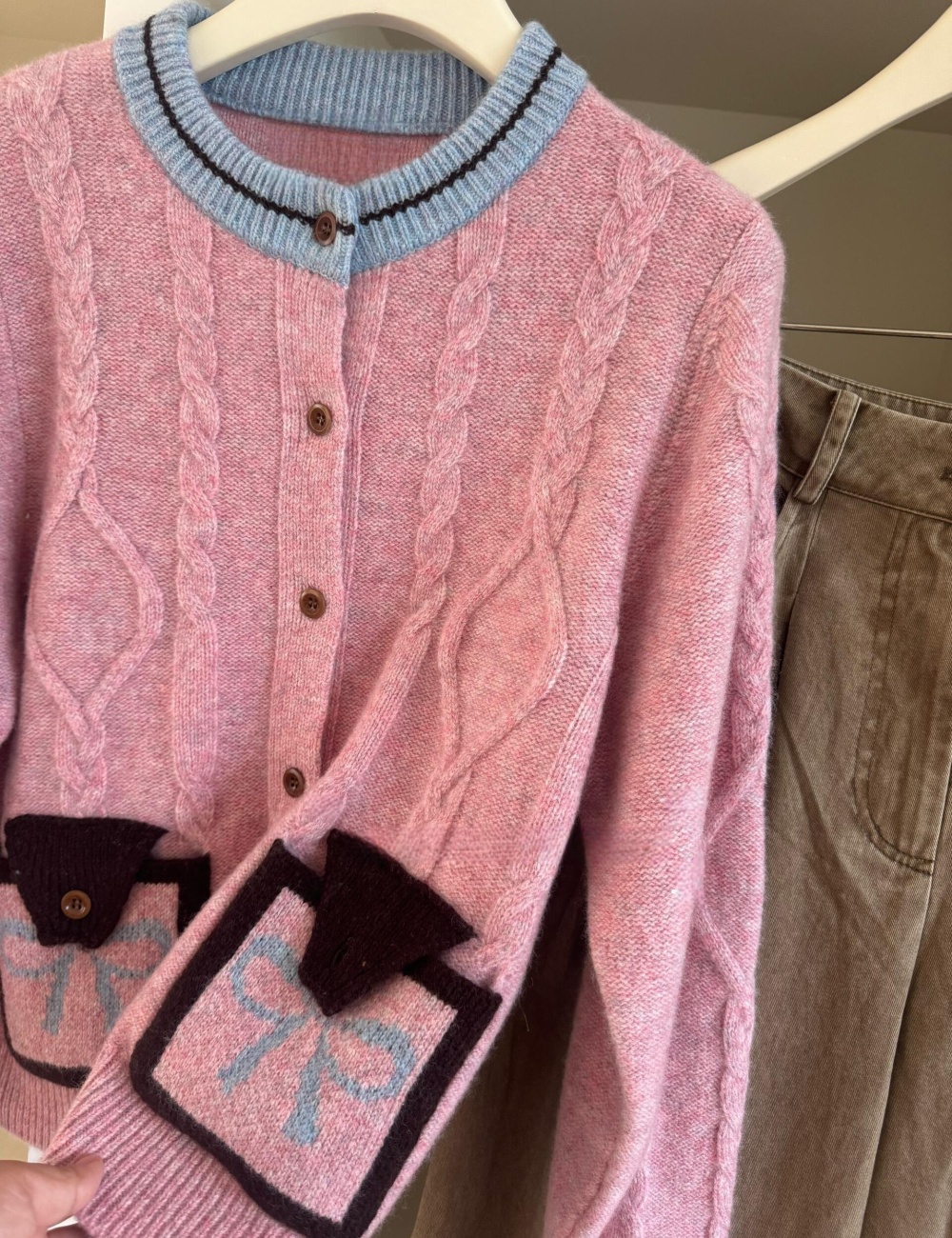 Mixed colors bow cardigan Korean style autumn coat for women