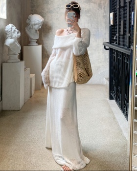 Knitted long tops hollow autumn skirt 2pcs set for women