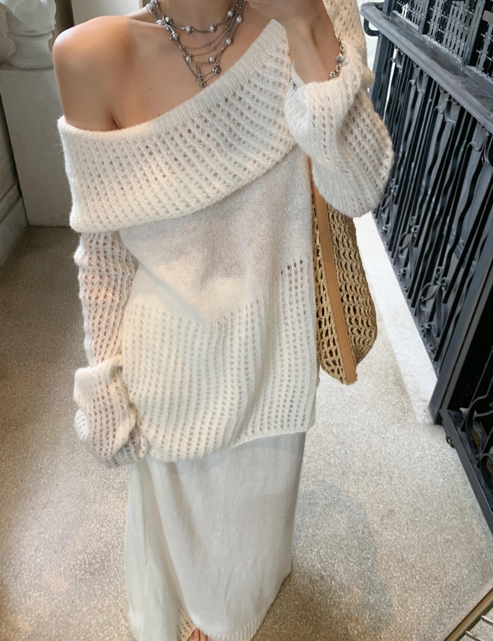 Knitted long tops hollow autumn skirt 2pcs set for women